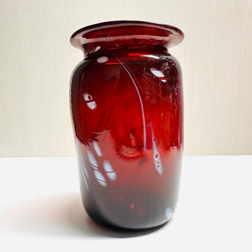 Vintage Art Glass Red Vase Feathered White Artist Signed Melon Hand Blown
